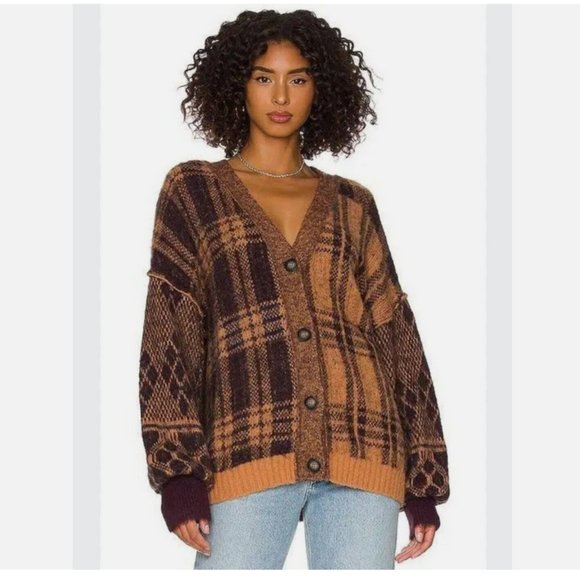 Free People Sepia Cardigan Sweater Birchwood brown plaid size XS NEW - Picture 4 of 11